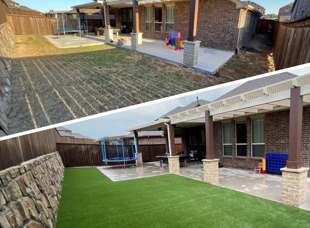 Before and after comparison of backyard renovation showing transformation from bare soil to a neatly installed artificial grass lawn with a covered patio and outdoor kitchen in a residential area.